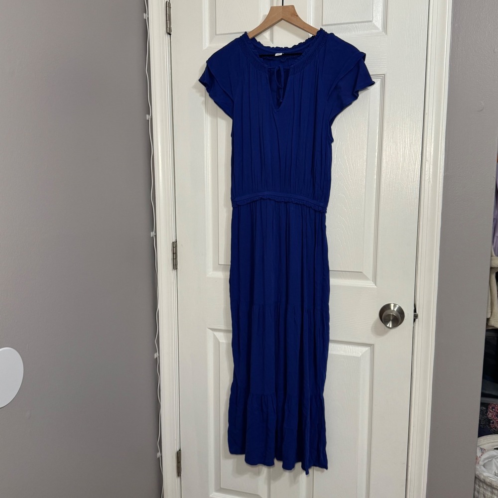 Royal Blue Tiered Maxi Dress Flutter Sleeve S Cottagecore Coquette Fairy Boho